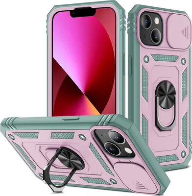 Immagine prodotto di Custodia per iPhone 13 Mini protezione fotocamera scorrevole, resistente agli urti, con supporto ad anello, supporto e portacarte Verde Rosa