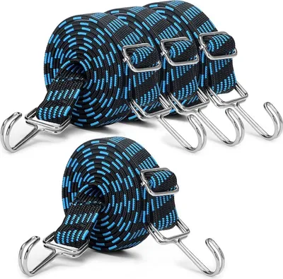 Produktbild von Verstellbarer Spanngurt mit Haken, 4er Set, 200 cm lang, Gummispannseile, flacher Spanngurt mit Metallhaken, extra starker Gepäckgurt, Gummikordel, breites elastisches Band für Fahrrad, Motorrad, Camping