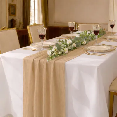 Produktbild von DecoHomeTextil Musselin Tischläufer 80 x 300 cm Beige (Single Pack) Weicher Gaze Stoff mit Faltenoptik für Hochzeit, Geburtstag & Party