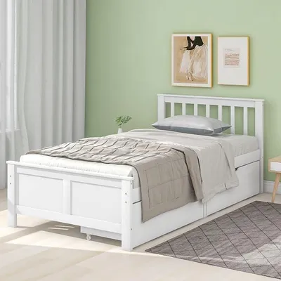 Produktbild von Holzbett Doppelbett 140x200 cm, Kinderbett mit 2 Schubladen Stauraum, Jugendbett Stauraumbett Erwachsenenbett mit Lattenrost, Bett Rahmen aus Kiefernholz, Ohne Matratze (90X200CM)