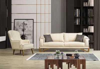 Produktbild von Sofagarnitur Set Beige mit Holzgestell 3+1 Sitzer Couchen Garnituren Möbel