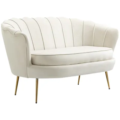 Zdjęcie produktu dla Sofa dwuosobowa HOMCOM z podłokietnikiem, oparciem w kształcie płatka, grubo wyściełana, tapicerowana sofa, nowoczesna sofa dwuosobowa z aksamitnym wyglądem, metalowe nogi do salonu, 130 x 77 x 77 cm, kremowo-biały