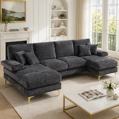 Obrázek produktu pro U-tvarová pohovka z veluru, šedá barva, rozměry 272x136x88 cm, rohová sedačka pro 4 osoby s dvěma ležícími plochami a zlatými kovovými nohami