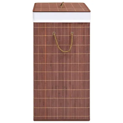 A front view of a brown bamboo laundry basket with a white lid and rope handles, set against a white background.