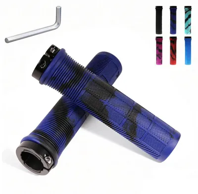 Image de Poignées universelles pour vélo, 22 mm, ergonomiques, antidérapantes, en caoutchouc, avec système de verrouillage, noires et bleues