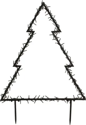 A black wireframe Christmas tree outline with lights, standing on two stakes.