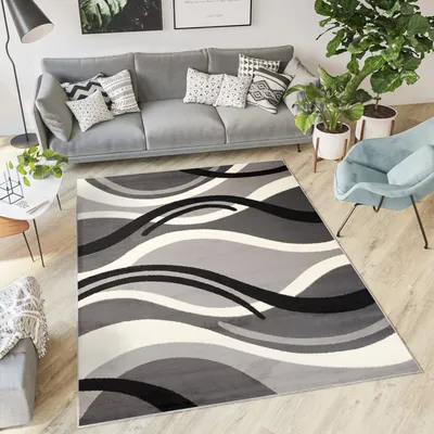 Obrázok produktu pre Koberec obývacia izba spálňa krátky vlas moderný dizajn sivá čierna biela vlny pruhy jedáleň kuchyňa ÖKOTEX 140 x 200 cm