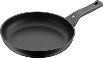 A black frying pan with a gray handle is shown against a white background.