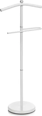 A white valet stand with a clothes hanger and a lower bar for pants.