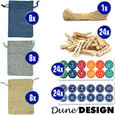 Productafbeelding van Adventskalender met 24 linnen zakjes, afmetingen 13 x 9 cm, in de kleuren grijs, blauw en beige