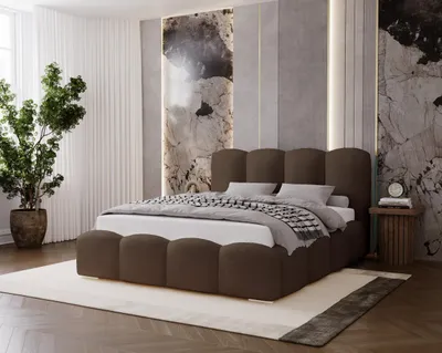 Zdjęcie produktu dla BESILIO Łóżko tapicerowane 140x200 Fluffy – łóżko chmurka boucle, z pojemnikiem na pościel i stelażem, gruba pianka – Brązowy