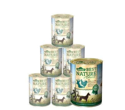 Produktbild von Dehner Best Nature Hundefutter, Nassfutter getreidefrei, für ausgewachsene Hunde, Wild / Huhn / Nudeln, 6 x 400 g Dose (2.4 kg)