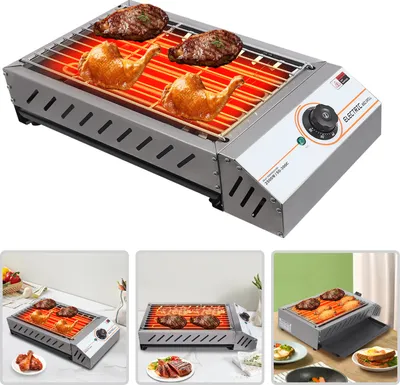 Zdjęcie produktu dla Grill BBQ, duża powierzchnia grillowania, przenośny grill elektryczny, nowoczesny grill elektryczny na imprezy, srebrny