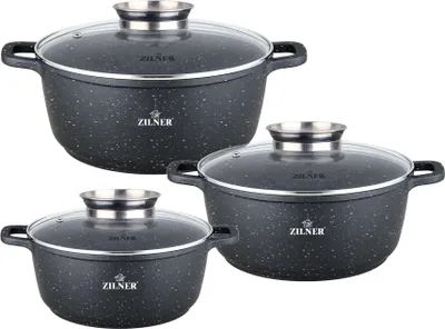 Productafbeelding van 6-delige pannenset met glazen deksels, kookpan-set met marmeren coating, merk Zilner, model ZL-7020