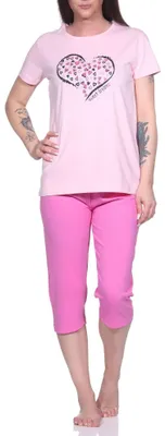 Produktbild von Damen Capri Schlafanzug, 3/4-Capri-Pyjama mit süßem Herzchen-Muster ; rosa , 36-38