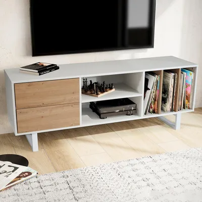 Produktbild von WOHNLING Lowboard Weiß mit Eiche-Nachbildung 150x55x40 cm TV-Kommode Modern TV-Schrank Hoch Fernsehtisch Fernsehschrank mit Schubladen & Regal