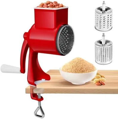 Produktbild von Manuelle Nussmühle mit 2 Abnehmbaren Trommelblättern, Käsereibe mit Kurbel, Erdnussmühle, Mandelmühle, Gemüsehobel Edelstahl für Nüsse, Mais, Käse, Karotten, Rot