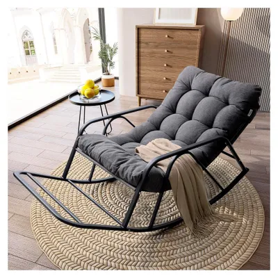 Produktbild von Patio-Schaukelstuhl mit Kissen, übergroßer Garten-Schaukelstuhl mit Armlehnen und Fußstütze, moderner Lounge-Stuhl für Wohnzimmer, Garten, Terrasse und Balkon, Grau