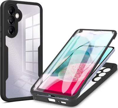 A phone case with a screen protector is shown, with a phone inside the case.