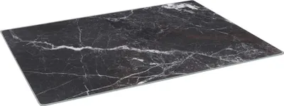 A rectangular cutting board with a black marble effect pattern is shown on a white background.