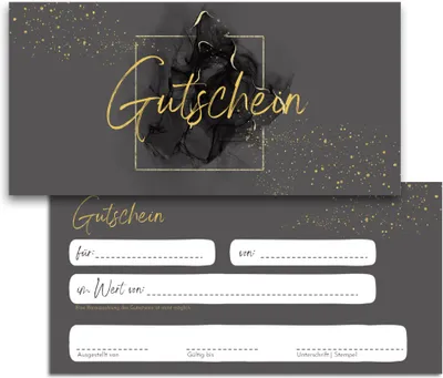 A set of two blank gift certificates with a dark gray background and gold accents.