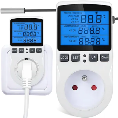 Obrázek produktu pro Termostatická zásuvka - Digitální regulátor teploty 250 V - Se senzorem a LCD displejem - Pro topení a chlazení