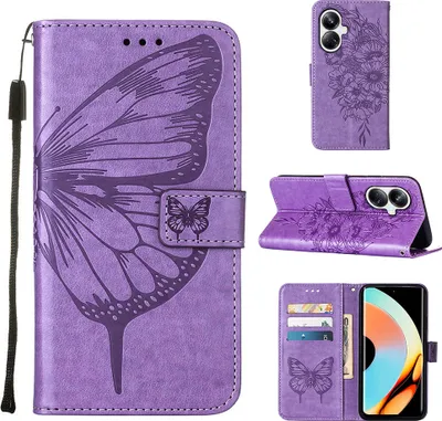 Produktbild von Lederhülle für Realme 10 Pro+ 5G Schmetterling Prägung Flip Ledertasche Kartenfächer Handyhülle mit Ständer Violett