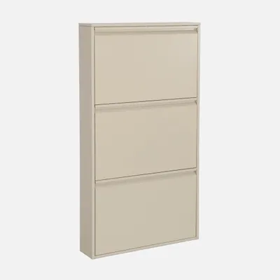 A cream-colored metal shoe cabinet with three drawers.