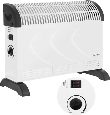 A white electric heater with black accents and feet, shown from a front-diagonal angle.