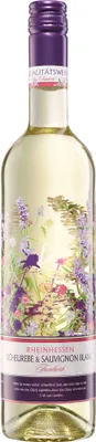 A bottle of white wine with a floral label.
