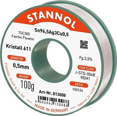 Immagine prodotto di STANNOL Cristallo per saldatura 611, TSC305, Sn96,5Ag3,0Cu0,5, Fairtin Flowtin, 0,5 mm, 100 g