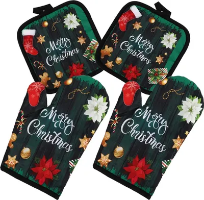 Produktbild von 4stš¹ck Weihnachten Topflappen Handschuh Set: Ofenhandschuhe Hitzebestaendig Kš¹chenhandschuhe Backofen Handschuhe Fš¹r Kochen, Backen, Grillen