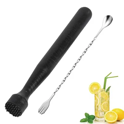Cocktailstampfer-Set, 2-teilig, mit Barlöffel, schwarz