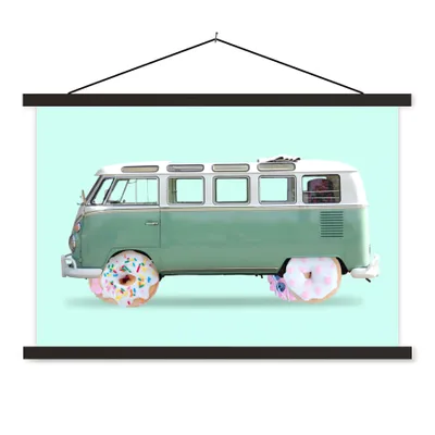 Produktbild von MuchoWow® Textilposter Donuts - Lieferwagen - Auto - Grün 60x40 cm mit schwarzem Rahmen - Hölzernes