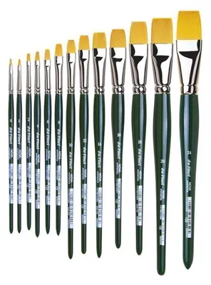 A set of paintbrushes arranged in a row, varying in size.
