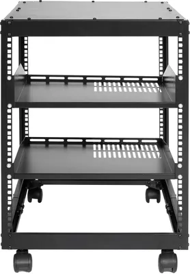 Obrázok produktu pre SucceBuy 12U serverový stojan s otvoreným rámom, nastaviteľná hĺbka 15'' - 40'', voľne stojaci/nástenný, 4 stĺpiky s kolieskami, pre IT/AV zariadenia
