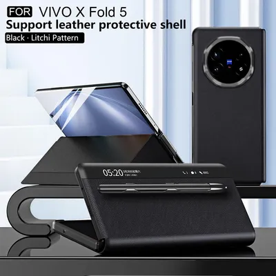 A product image showcasing a black leather phone case for a Vivo X Fold 5, displayed in a folded and unfolded state, with a stylus. The background is a clean, modern setting with vertical light elements.