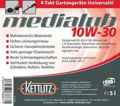 Produktbild von KETTLITZ-Medialub 10W-30 Gartengeräte-Universalöl API SL  - 5 Liter Gebinde