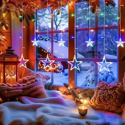 Produktbild von Lichterkette Sterne Strom 120 LED Weihnachtsbeleuchtung Fenster, 3.5x1m Lichtervorhang Fenster Weihnachten mit 12er Sterne,Weihnachtsdeko (bunt)