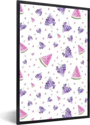 Produktbild von MuchoWow® Gerahmtes Poster Weintrauben - Wassermelone - Pastell - Muster 40x60 cm - Poster mit Schwarzem Bilderrahmen Wandposter Rahmen Foto Bilder - Papierdruck - Wandbilder