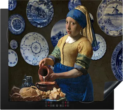 Produktbild von KitchenYeah© Herdabdeckplatte Milchmädchen - Das Mädchen mit dem Perlenohrring - Vermeer , 58x51cm, Küche Deko, Glaskeramikkochfeld Herdabdeckung, Abdeckplatte fùr Kochfeld
