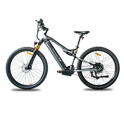 A full-shot studio image of a gray electric mountain bike against a white background.