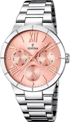A close-up studio shot of a women's wristwatch with a pink dial and silver metal band.