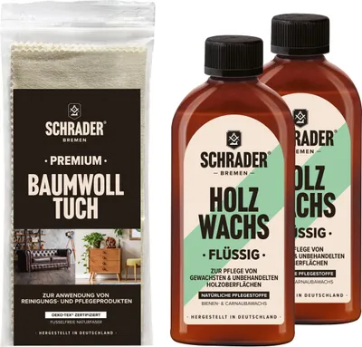 Produktbild von SCHRADER Holz Wachs + Baumwolltuch - dreiteiliges Set zur Pflege und Versiegelung von gewachsten, gelaugten oder unbehandelten Hölzern