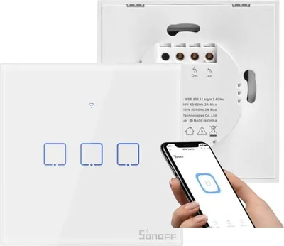 Produktbild von Sonoff T0EU3C, Berührung, Kabellos, Weiß, Gehärtetes Glas, Polycarbonat (PC), 3-Wege, Blau, WLAN