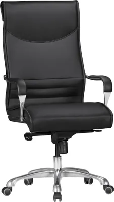 A black office chair with a silver base and wheels, shown from the front on a white background.