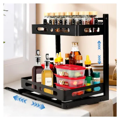 Produktbild von Spülschrank Organizer, 2 Etagen Unterschrank Organizer, L-Form höhenverstellbares Regal, Ausziehbar, Spülenunterschrank Aufbewahrung für Küche/Bad/Schrank, Schwarz