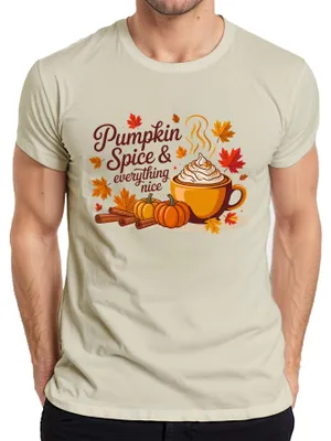Productafbeelding van Pompoenkruidenlatte, pompoen, kaneel, herfst, koffie, gezellig, bladeren, heren T-shirt, natuur, maat XL