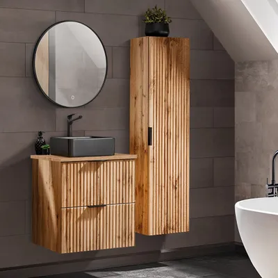Produktbild von Badmöbel Set Wotaneiche mit Rillenoptik 60 cm Waschtisch-Unterschrank mit Keramik Waschbecken 2 Hochschränke LED-Spiegel