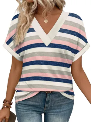 Image de ASKSA T-shirt col V Femme Manches courtes Chemisier Élégant Été Casual Unicolore T-shirts Basic Tunique Tops Hauts Décontractés (Rayures Roses,L)